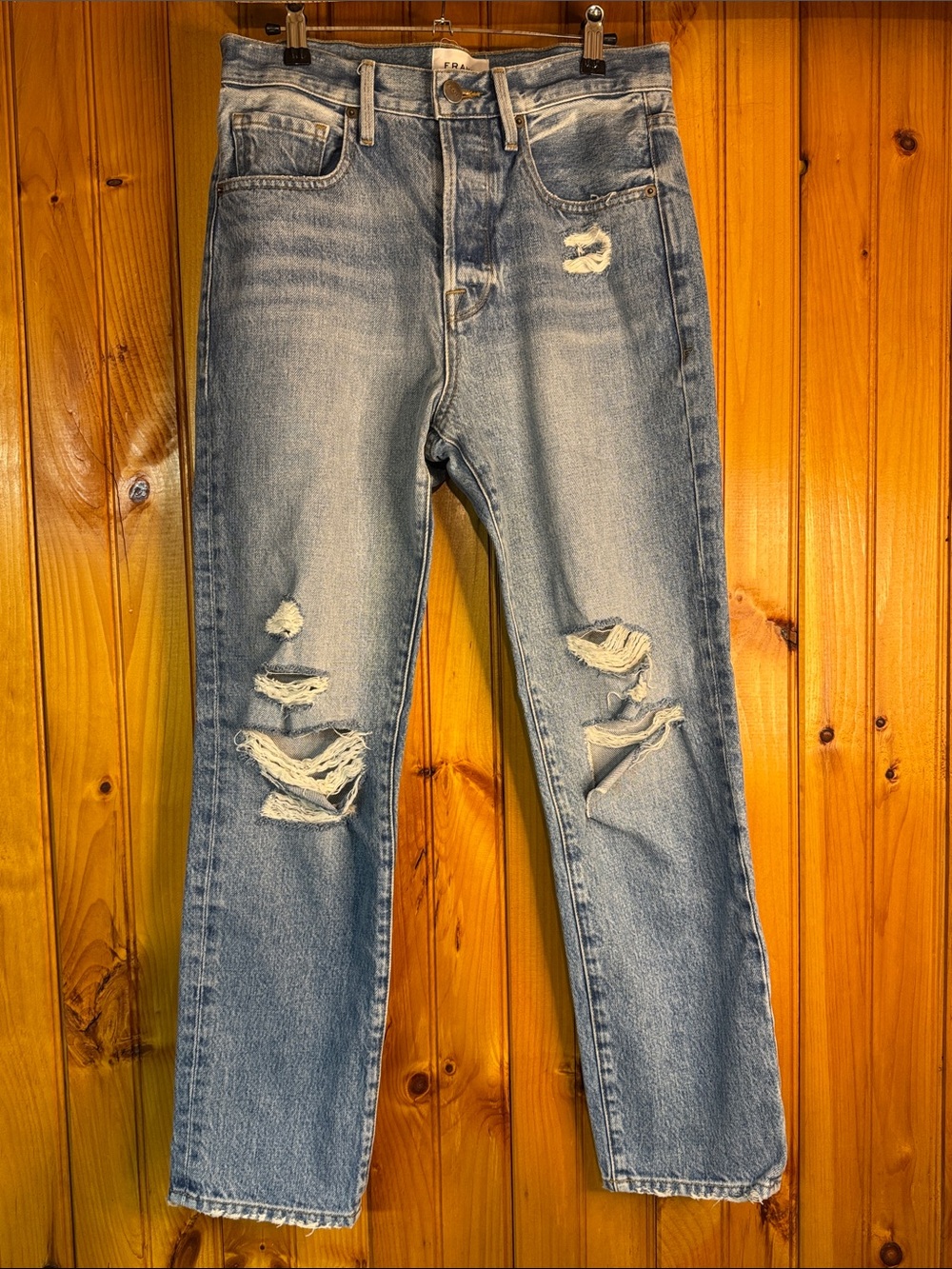 Frame Denim Light Blue Distressed Straight Jeans